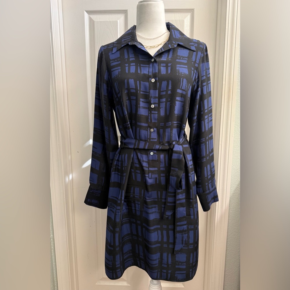 Alice & Trixie Midi Long Sleeves Silk Shirt Dress Abstract Blue Black Size M